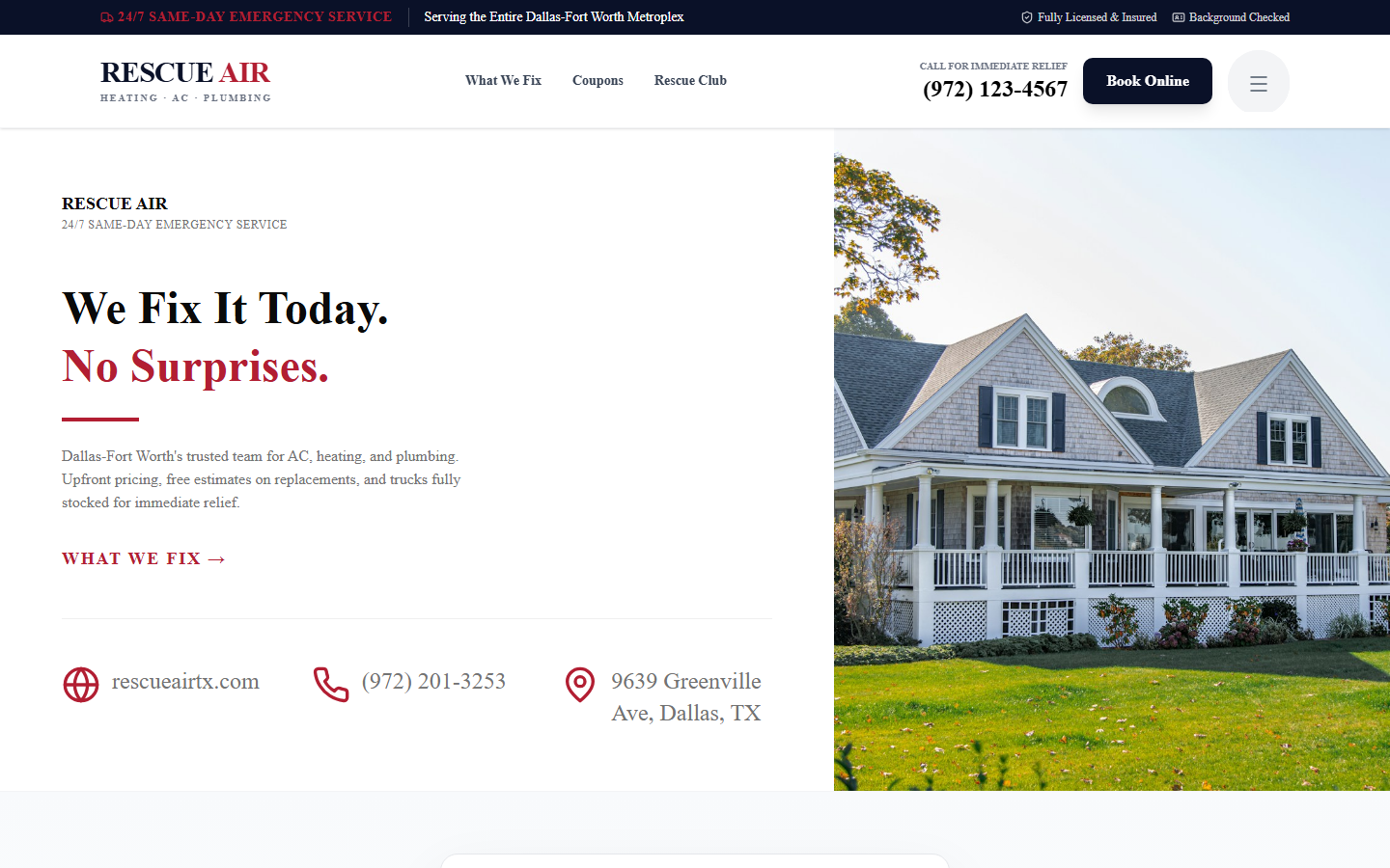 Custom home services website concept for Rescue Air and Plumbing